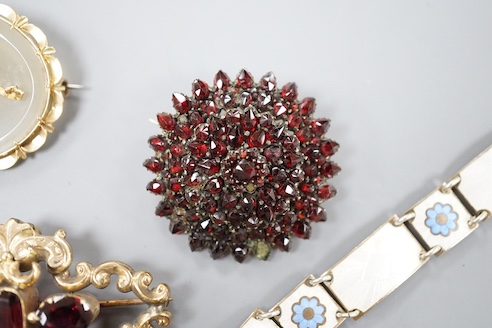 Mixed Victorian and later jewellery, including 15ct, turquoise and seed pearl set agate brooch, 41mm, gross 10 grams, Scandinavian 925S and enamel bracelet, gem set gilt metal drop brooch etc.